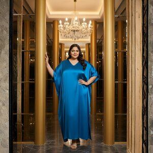 Gypsie Blu Satin Solid Plus Size Maxi Dress Stylish Caftan Dresses for Womens